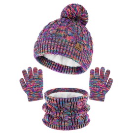 Glooarm Kids Winter Hat Gloves Scarf Set, Girls Toddler Winter Beanie Hat with Pom Knit Neck Warmer Gloves Fleece Lined Set