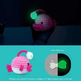 NestledCrafts Glow-in-The-Dark Crochet Kit for Beginners - Amigurumi Crochet Animal Kit with Anglerfish and Pufferfish, Step-by-Step Video Tutorials, Extra Yarn, Perfect for Kids and Adults