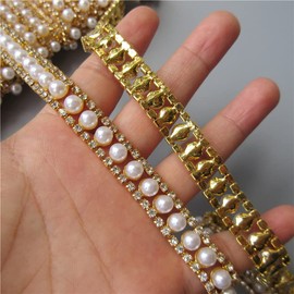 2 Yards Gold Pearl Rhinestone Chain, Crystal Rhinestones Pearl Chain Trim for Crafts Bridal Wedding Dress Decoration