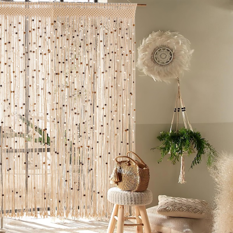 BECHAEO Macrame Beaded Curtain Boho Handmade Cotton Door String Curtain