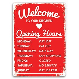 "Welcome to Our Kitchen" Red Metal Wall Sign Plaque Art Inspirational Slogan Funny