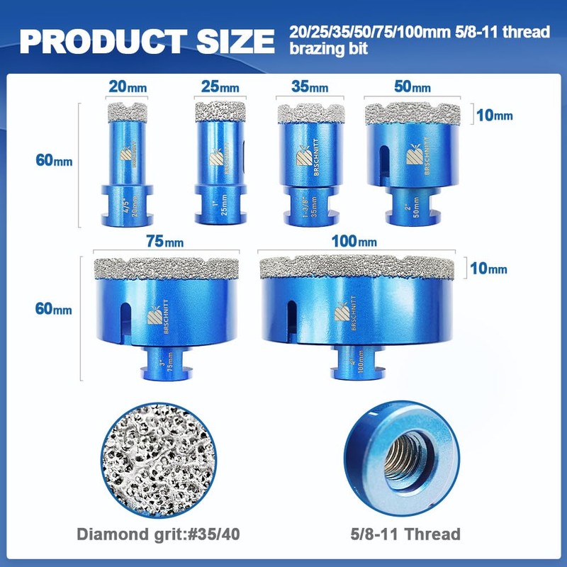 Diamond Core Drill Bit Set-4/5 1" 1-3/8" 2" 3" 4"