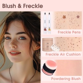 Natural Freckle Blush Makeup Kit- Liquid Fake Freckle Air Cushion, 2 Colors Freckle Pen, Powder Cushion Blush, Waterproof Long Lasting Freckles Marker for Cheek