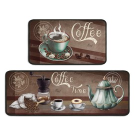 2 Piece Coffee Kitchen Decor Rugs Set, Farmhouse Country Kitchen Rugs and Mats Non Skid Washable Absorbent Microfiber Kitchen Accessories Decoration Floor Mats 17"x47"+17"x30"