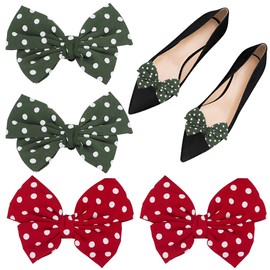 GORGECRAFT 4 Pieces Removable Shoe Buckles 2 Colours Women's Shoe Clips with Bow Retro Polka Dot Pattern Polyester Bow Shoe Decoration Charms for Heels Flat Shoes Pumps Decorative