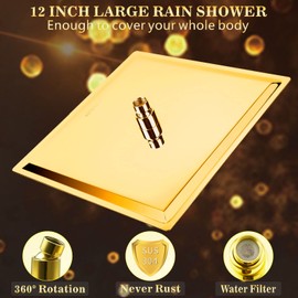Rain Shower Head - Voolan 12 Inches Large Rainfall Shower Head Made of 304 Stainless Steel - Perfect Replacement For Your Bathroom Showerhead (12" Gold)