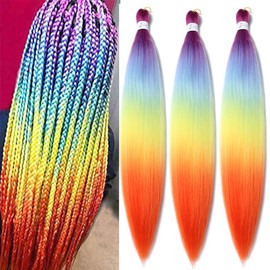 Pre Stretched Braiding Hair 26 Inch Ombre Orange Braiding Hair Extensions Hot Water Setting Crochet Box Braids Hair (26 Inch (Pack of 3), Purple-Light Blue-Yellow-Orange)