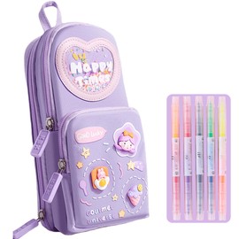 UINSUE Mini Backpack Pencil Case Art Marker Storage Canvas Makeup Pocket Small Gadget Bag Organizer Random Free of Highlighters (Purple)