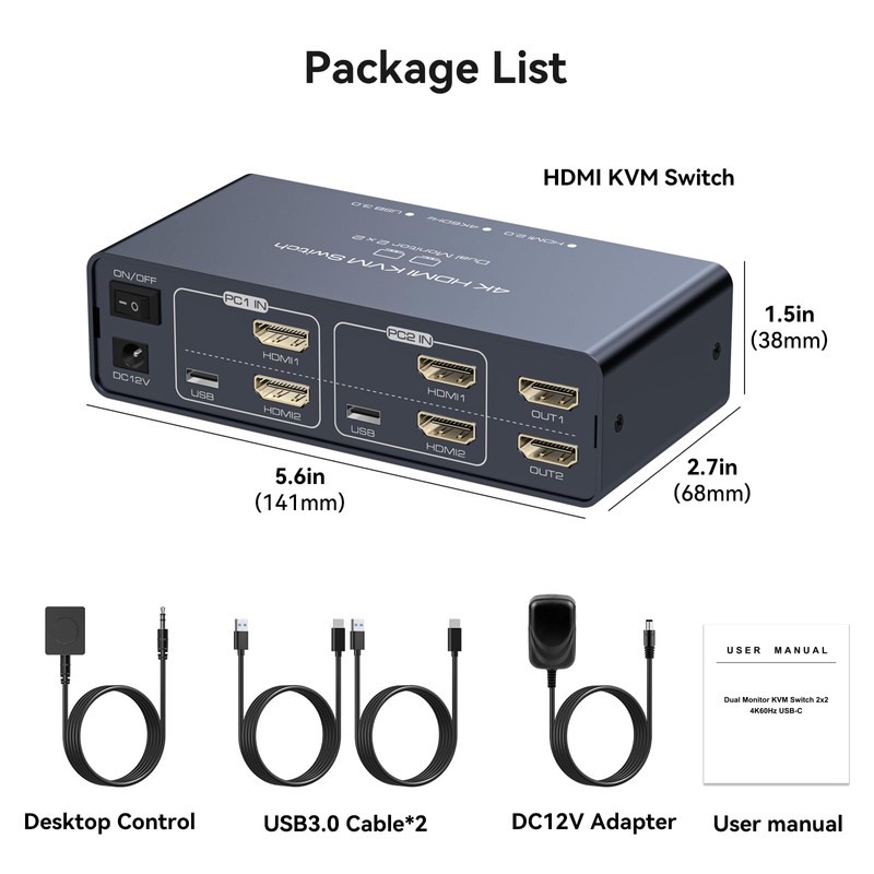 VEDINDUST KVM Switch 2 Monitors 2 Computers 4K60HZ Dual HDMI
