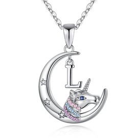 TINGN Christmas Unicorn Gifts for Girls, 14K White Gold Plated Unicorn Chain Crescent Moon Necklace Girls Colourful CZ Unicorn Letter Chain Unicorn Jewellery Unicorn Gifts for Girls Children, Brass