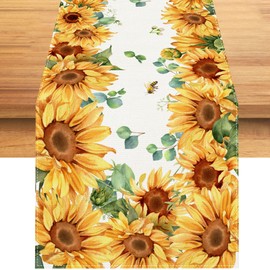 Linen Watercolor Sunflower Table Runner Spring Flower Tablecloth Spring Farmhouse Sunflower Decorations and Supplies for Home Kitchen Table-13×72''
