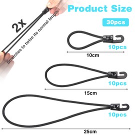 XHTXHT 30 Pcs Small Bungee Cords with Hooks,4Inch 6Inch 10Inch bungee cords,Black Elastic Rope Shock Cords Tarpaulin Hooks,Short bungee straps with hooks for tarpaulin clips Camping Tents Flags Tarp
