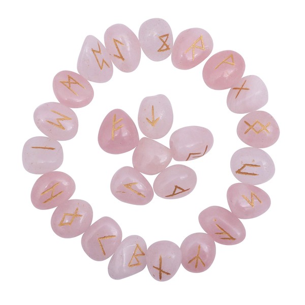 FASHIONZAADI Rose Quartz Gemstone Rune With Engraved Lettering Elder Futhark Reiki Healing Crystal Stone Runes For Fortune Telling And Emf Protaction Chakra Balancing Spituale Gift Size :- 15-20mm