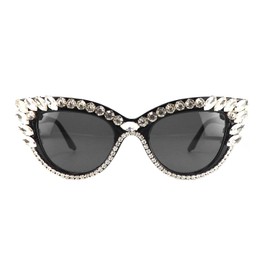 FUPRECIOUS Retro Cateye Sunglasses for Women UV400 Protection Cat Eye bling rhinestone Sun Glasses (black white)