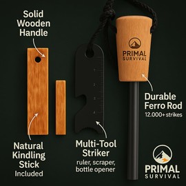 Primal Survival Kits: Flint and Steel Fire Starter - Ferrocerium XL 10mm Rod - Light Over 15,000 Fires - Firelighter Included - Survival Equipment for Camping, Bushcraft (Pine Wood)