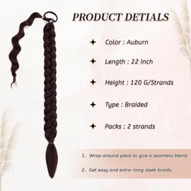 2 Packs Dark Reddish Brown Long Braided Ponytail Extensions with Hair Ties Natural Soft Synthetic Hair Piece for Black Women Straight Wrap Around Hair Extensions Ponytail