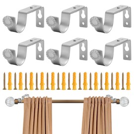 6 Pcs Curtain Pole Brackets Heavy Duty, Adjustable Curtain Brackets for Poles, Curtain Rod Holder with Screws, Rust Resistant Wall Rod for Bedroom, Office, Bathrooms, Silver