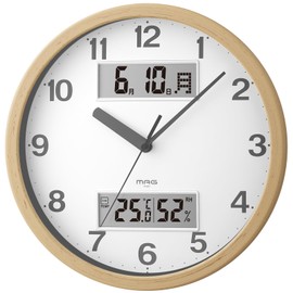 MAG W-807A N-Z Noah Precision Wall Clock, Analog, Stylish, Interior, Thermometer, Hygrometer, Calendar, Silent, Continuous Second Hand, Diameter 11.4 inches (29.0 cm), Wood Grain Style, Natural,