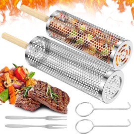 2Pcs Rolling Grill Baskets with Wood Handle Stainless Steel Nesting Grilling Basket with Fork Hook Large Capacity Rolling Grill Net Basket Easy to Store BBQ Net Tube Grill Basket for BBQ Cooking