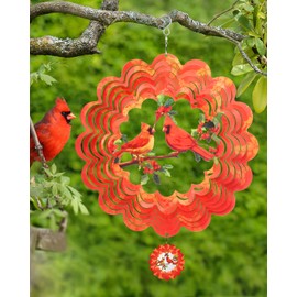 Cardinal Wind Spinner, 3D Bird Spinners with Holly Outdoor Metal Art, Stainless Steel Large Spinning Ornament, 12in Red Hanging Spinners for Yard and Garden Decor, Orange Spinfinity