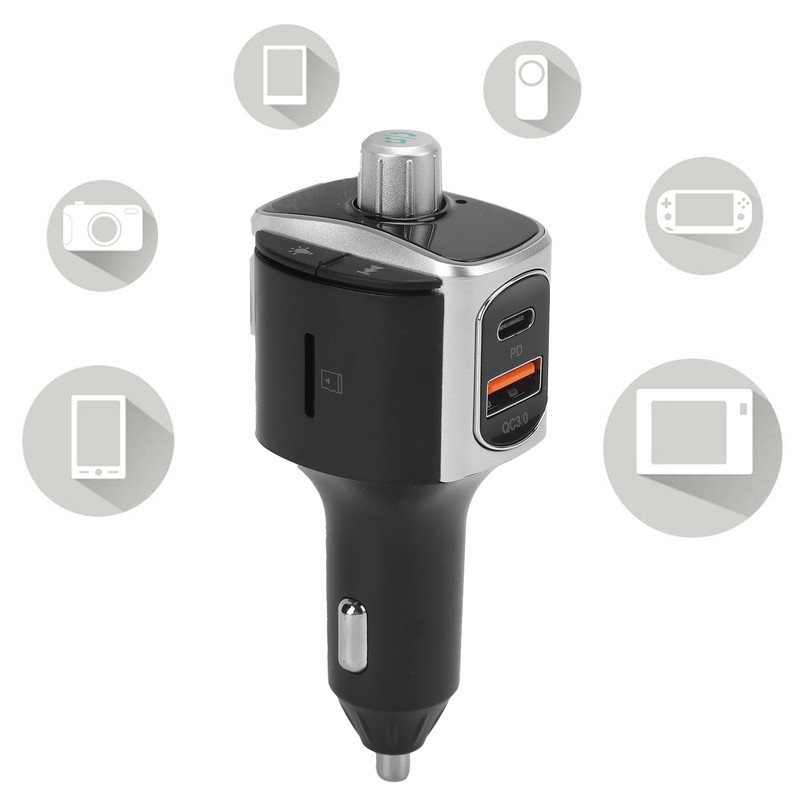 Bluetooth 5.0 FM Transmitter Dual Screen Display 3 USB Ports