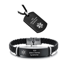 Medical Alert ID Necklaces and Bracelets Set for Men Women EDS Ehlers Danlos Syndrome Stainless Steel Medic Identification Pendant Necklace Dog Tag & Leather Cuff Bracelet Allergy Awareness Jewelry