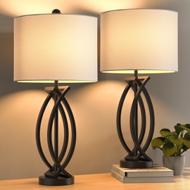 HIGHTRY 26" Industrial Table Lamps Set of 2, 3-Way Dimmable Farmhouse Nightstand Lamps Black Metal Bedside Lamps with White Shade for Living Room Bedroom, End Table Desk Lamp for Home Office