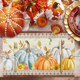 Fall Placemats for Dining Table Set of 6 Pumpkin Maple Leaves Place Mats Wood Grain Autumn Placemat Harvest Thanksgiving Table Mats for Kitchen Table Holiday Dinner Party Home Decor 13x19 Inch