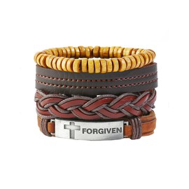 Kim Carrey Multilayer Genuine Leather Mens Bracelet，Braided Vintage Ethnic Wrap Wristbands，Woven Cuff Leather Bracelet for Men (Forgiven)
