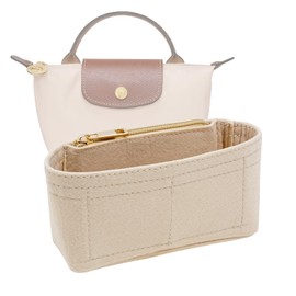 LOUKAYCCI Felt Purse Organizer Insert for Longchamp Mini Bag White Zipper Insert (Zipper Beige, Mini)