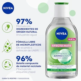NIVEA Agua Micelar Efecto Mate (400 ml) - Fórmula Vegana con Complejo Aminoácido que Remueve Maquillaje a Prueba de Agua, Limpia y Refresca la Piel - Para Piel Mixta-Grasa
