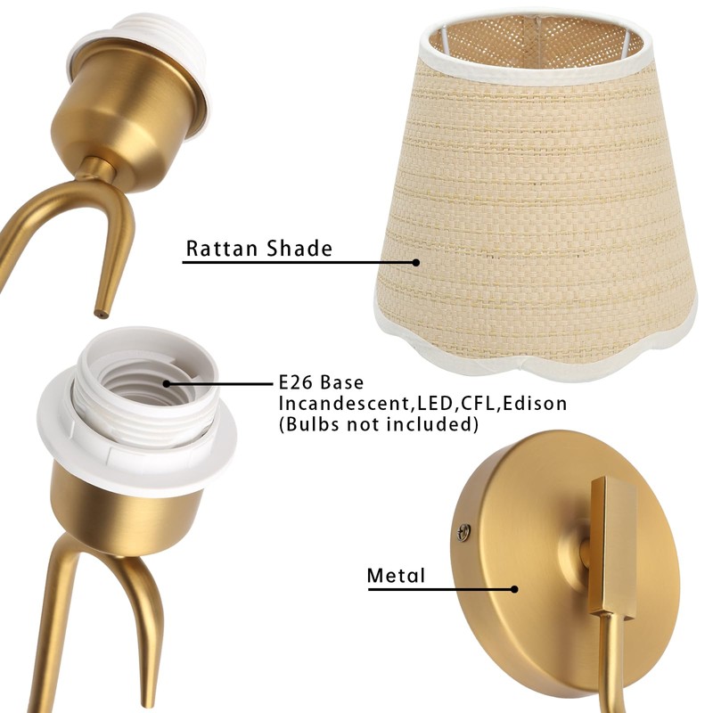 JIMUBEAM Swan Neck Vintage Brass Wall Sconce 1-Light with Rattan