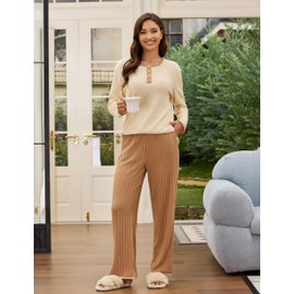 Blooming Jelly Womens Lounge Sets 2 Piece Pajama Sets Color Block Matching Set Sleepwear PJ Set 2025 Fall Outfits(Khaki,X-Large)