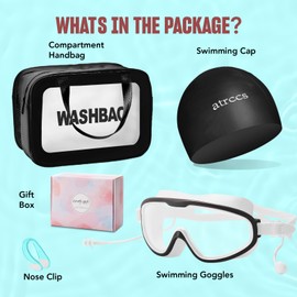 Swimming Goggles Set 4 in 1， Swimming Goggles Case with Swimming Goggles, Swimming Cap, Nose Clip and Dry & Wet Separation Handbag for Men and Women, Best Summer Swimming Gift (Black)