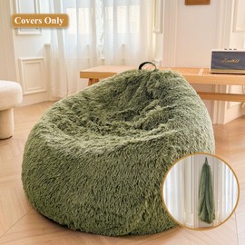XeGe Faux Fur Comfy Bean Bag Cover, Fluffy Stuffed Animal Storage Bean Bag Chair Cover for Bedroom Home Decor, Furry Fuzzy Big Gaming Bean Bag Cover for Adults Teens Kids Girls, Anti-Slip, Sage Green