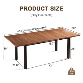 Einhomn Extendable Dining Table for 4-6, 63" Modern Kitchen Table, Farmhouse Dining Room Tables for Dining, Kitchen, Office, Living Room, Rectangular Wooden Tables, Space Saving (Walnut)