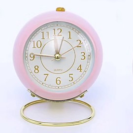 Small Round Clock Circular Base Mute Corrosion Resistance Quartz Bedside Alarm Clock with Night Light for Bedroom School Pink