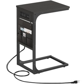 TUTOTAK C Shaped End Table with Charging Station, Side Table for Sofa and Couch with Storage, TV Tray Table with 2 USB Ports & Outlets - Black TB01BK024