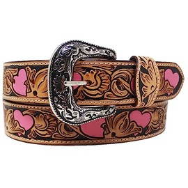 CHALLENGER 40 Western 1-1/2" Floral Tooled Pink Heart Full-Grain Leather Belt 26FK37PK
