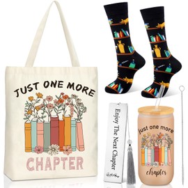 Yungyan Book Lovers Gifts Set Include Canvas Tote Bag 16oz Glass Cup with Bamboo Lid and Straw Novelty Socks Stainless Steel Bookmark Tassel Gifts for Book Lovers Librarian Friends Family (Stylish)