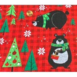 3 Wishes Fabric Woodland Christmas Black Bears on Red Flannel Fabric, Out of Print, BTHY