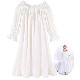 CHUNG Little Girls Vintage Victorian Nighties Long Sleeve Lace Round Neck Nightdress Princess Nightgown Cream, 10-12 Years