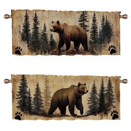 Brown Bear Kitchen Curtains Set of 2 Forest Pine Trees Vintage Black Paw Print Rod Pocket Decorative Small Window Curtains Valance for Cafe Living Room Bathroom Window Treatment Valances 54x18 inch