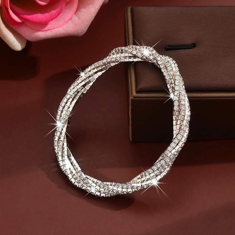 Douxsu Bling Rhinestone Stretch Tennis Bracelet for Women, Sparkly Silver