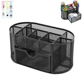Organizador de Escritorio de Malla - Cajón con Nueve Compartimentos en Negro, Multifuncional Soporte para Bolígrafos, con 8 Compartimentos y 1 Cajón, para Oficina Escuela Hogar