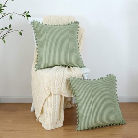 sykting Sage Green Pillow Covers 18x18 inch Soft Striped Boho Farmhouse Decorative Throw Pillow Covers with Pom Poms for Couch Sofa Bed Chair Outdoor Pack of 2