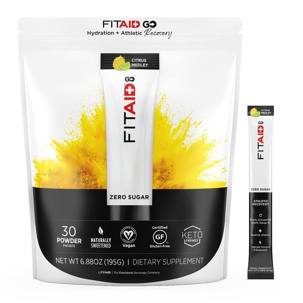 LIFEAID FITAID GO! ZERO SUGAR Recovery + Hydration Packet, W/ BCAAs, Glucosamine, Electrolytes, Omega-3s, 100% Clean, Vegan & Gluten-Free, Naturally Sweetened, 30 Count (Pack of 1)