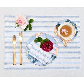 Solino Home Stripe Linen Placemats 14 x 19 Inch – 100% Pure Linen Christmas, Holiday Sky Blue and White Farmhouse Placemats Set of 4 – Washable Cloth Placemats – Capri Ticking Stripe