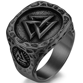 Stainless Steel Retro Vintage Nordic Vikings Valknut Pirate Compass Scandinavian Biker Ring (Black, 16)