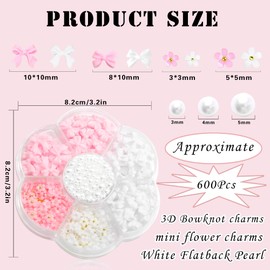 600Pcs Bow Nail Charms and Flatback Pearls,White Pink Bowknot 3D Cute Nail Charms Acrylic Flower for Nail Supplies Design,White Half Pearls for Nail Decoration DIY Crafts Y2K Nail Art Accessories